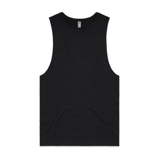 A black singlet tank top featuring a simple design and a logo.