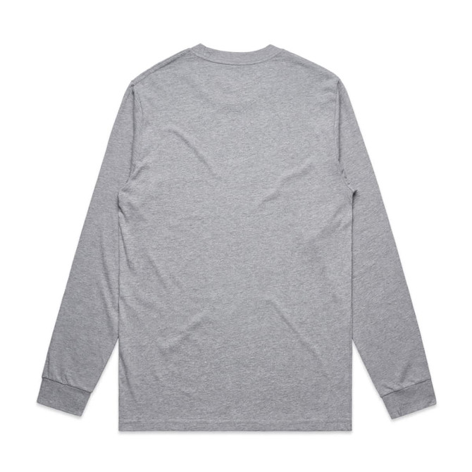 A grey long-sleeve T-shirt viewed from the back, featuring a simple design and a logo.