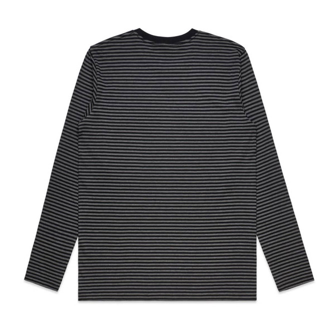A long-sleeve T-shirt featuring black and grey stripes, with a round neckline and a logo on the back.
