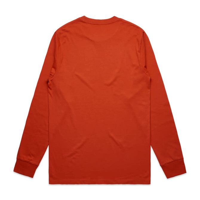 A long-sleeve t-shirt in a warm orange hue, featuring a simple design and a branding logo.