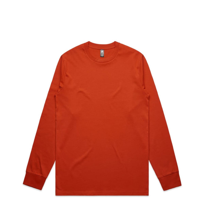 A long-sleeved t-shirt in a vibrant orange colour, featuring a label and branding.