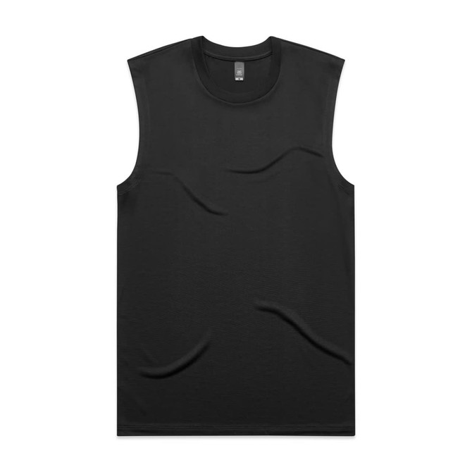 A black sleeveless tank top with a smooth texture and a small logo on the neckline.