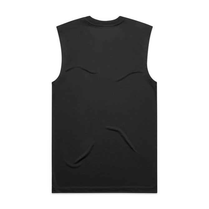 A black sleeveless tank top with a smooth texture and a logo on the back.