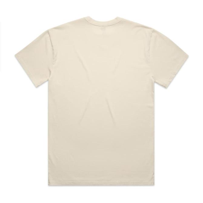 A cream-coloured faded t-shirt with a classic crew neck and short sleeves, featuring a logo.