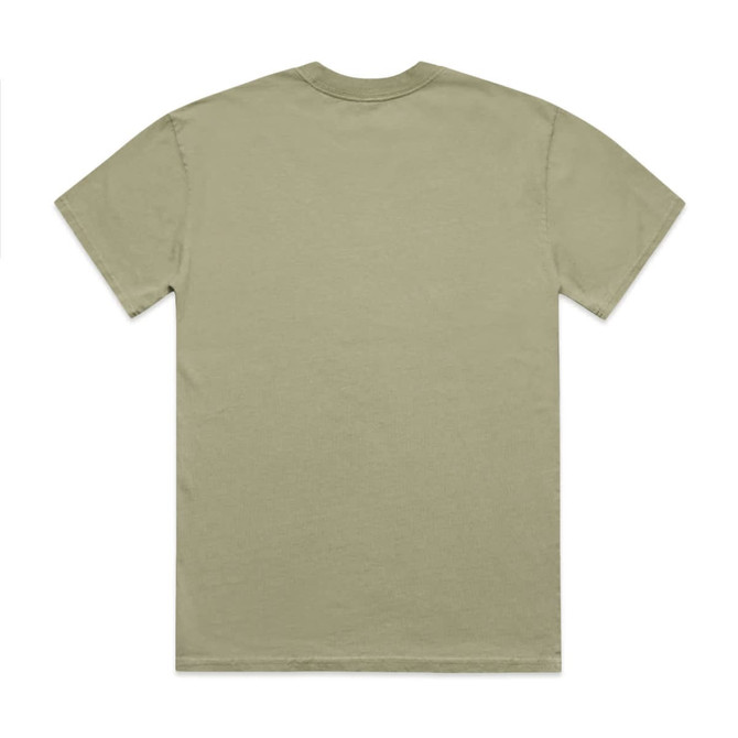 A plain, faded olive green T-shirt with a crew neckline and short sleeves. It features a logo on the back.