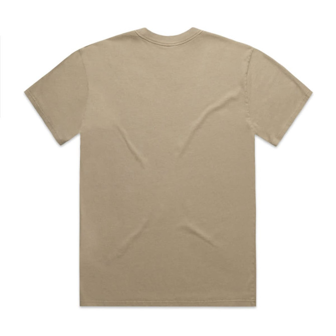 A faded beige T-shirt displayed flat, featuring short sleeves and a back view. It has a simple design with a logo.