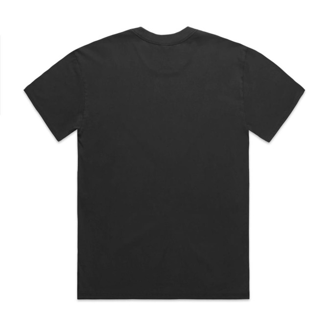 A black t-shirt with a classic cut and short sleeves, featuring a logo on the back.