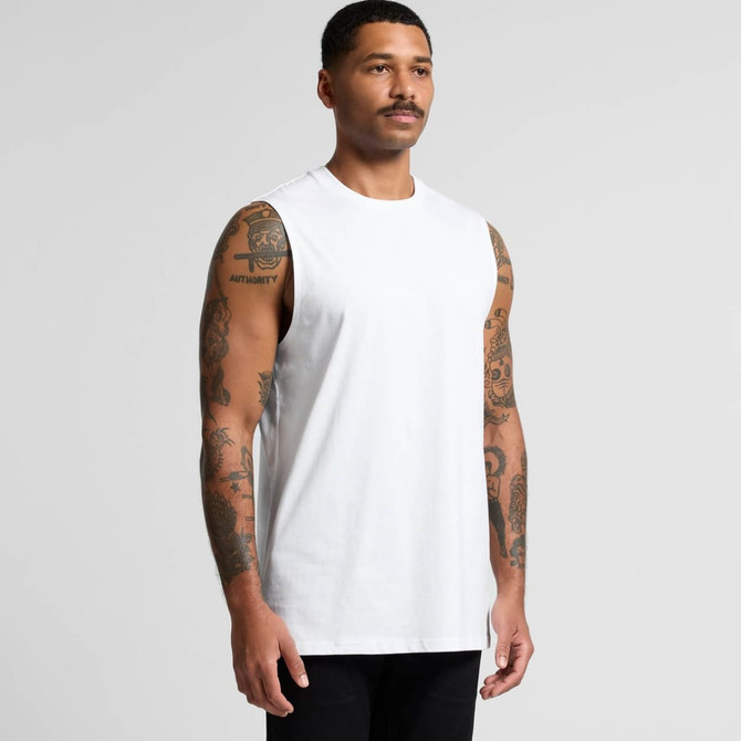 A sleeveless white tank top worn by a man with tattoos, featuring a sleek design and a subtle branding logo.