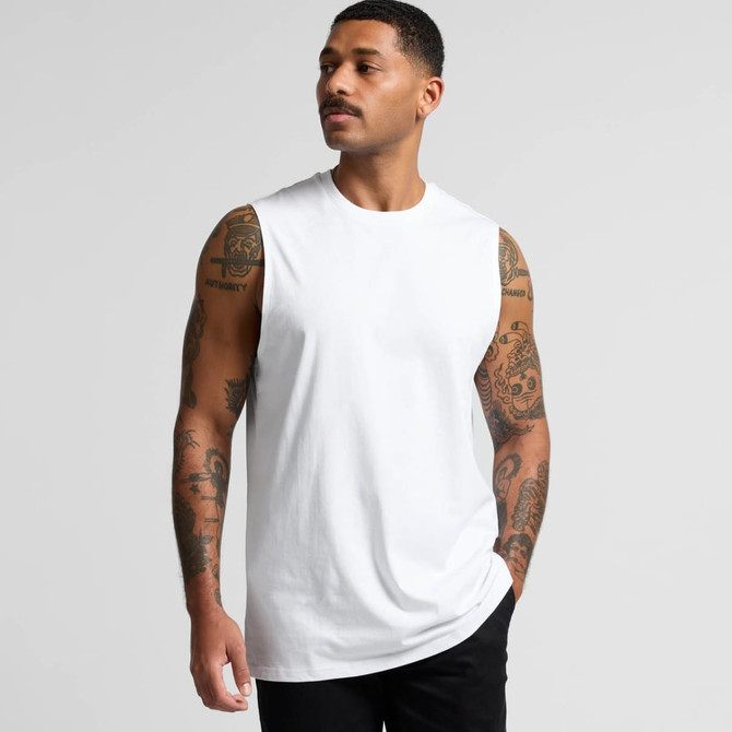 A white singlet tank top worn by a model with tattoos, featuring a minimalistic design and a logo.