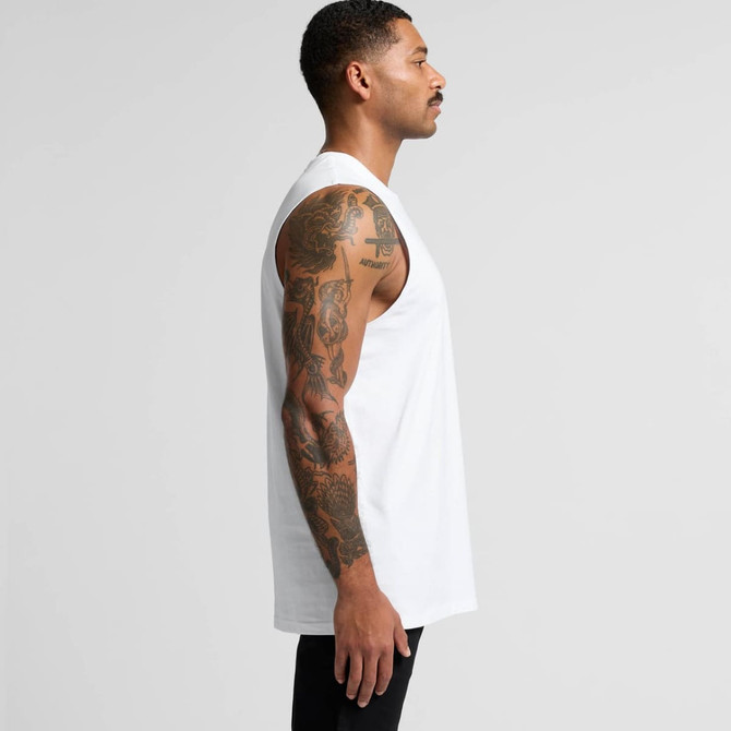 A white sleeveless tank top displayed on a model with tattoos, featuring a logo on the chest.