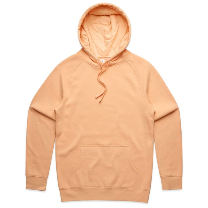 A peach-coloured hoodie with a front pocket, adjustable drawstring, and a hood. It features a logo.