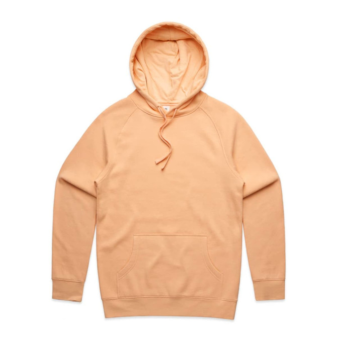 A peach-coloured hoodie featuring a front pocket and a drawstring hood, with a logo on the front.