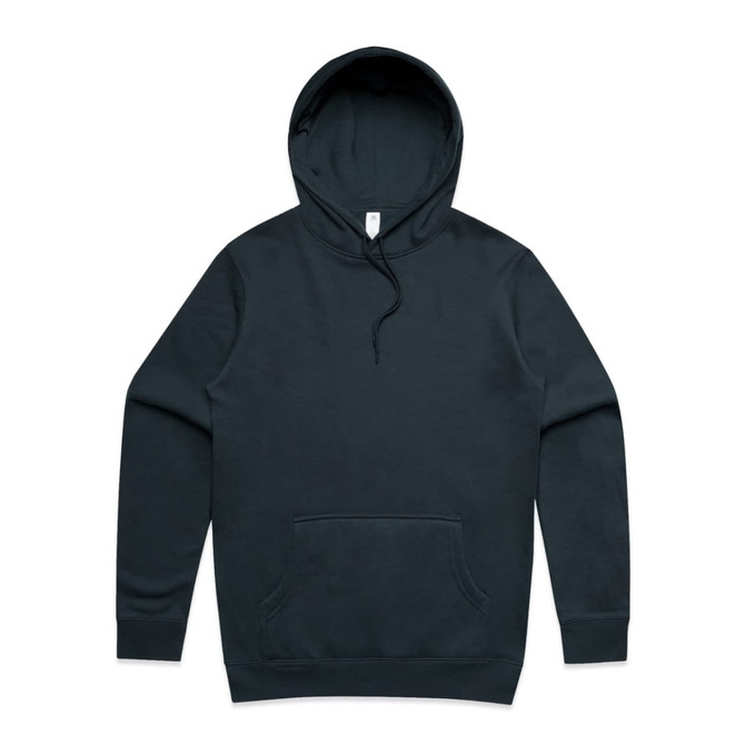 A dark navy hoodie featuring a front pocket and a drawstring hood, with a small logo on the label.