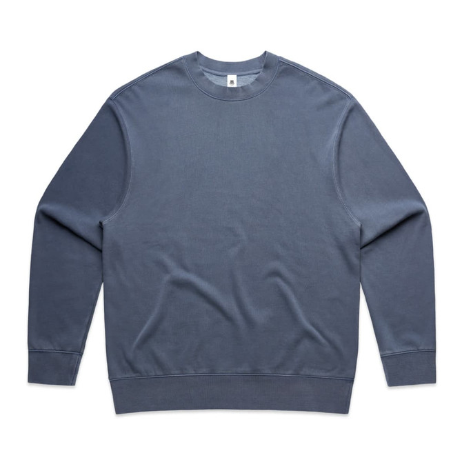 A blue sweater with long sleeves and a crew neck, featuring a logo on the label.
