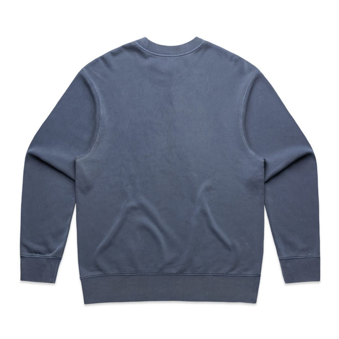 A blue sweater with long sleeves and a rounded neckline, featuring a plain back and a subtle hem.