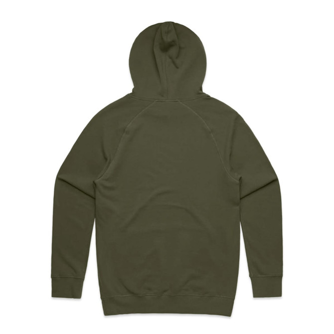 A green hoodie with a hood and raglan sleeves, featuring a plain design and a branding logo.