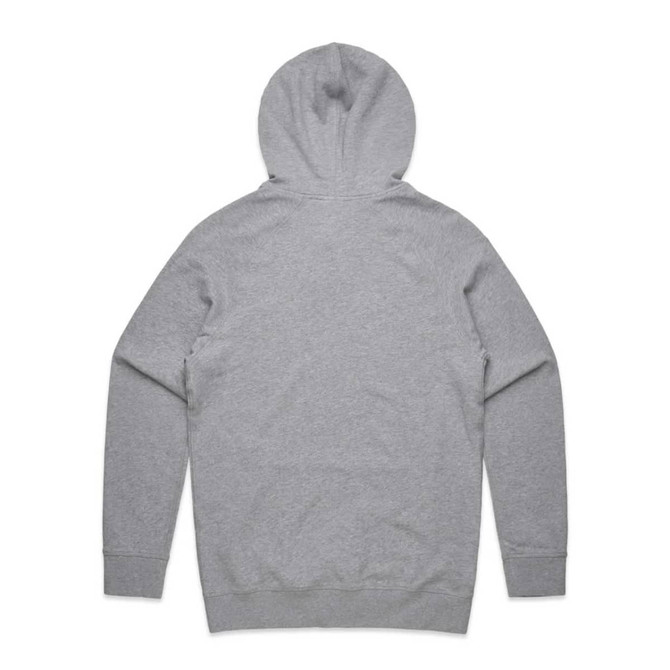 A grey hoodie with a kangaroo pocket and a hood, featuring a branding logo on the back.