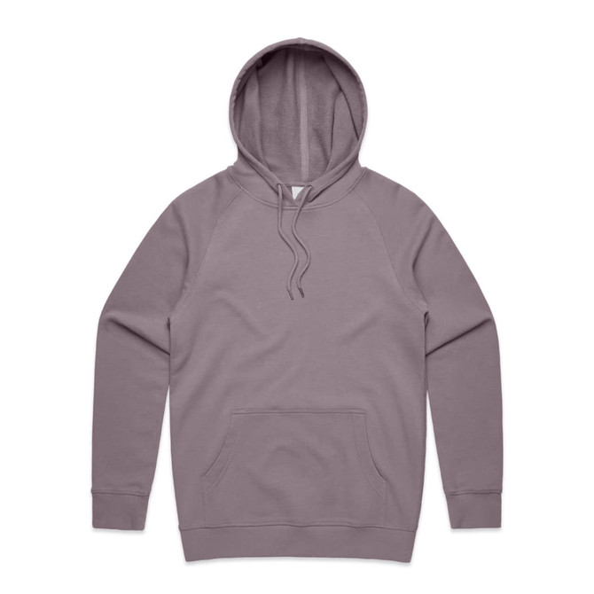 A grey premium hoodie featuring a front pocket and a hood, with a logo on it.