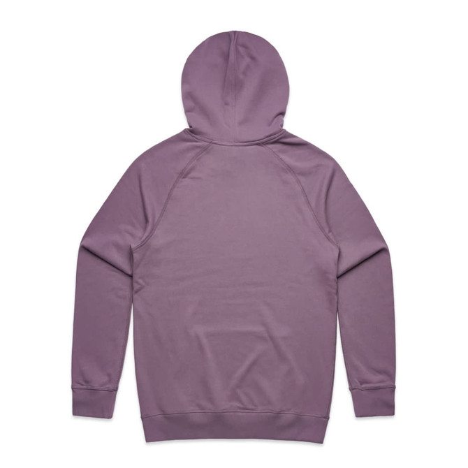 A premium hoodie in a soft mauve colour, featuring a back view with a hood and long sleeves. It has a logo on the label.