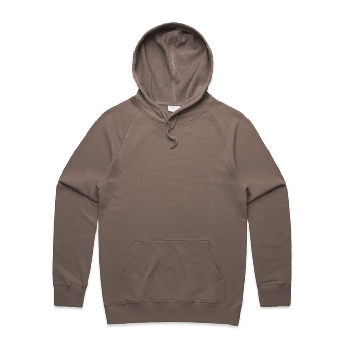 A khaki premium hoodie featuring a kangaroo pocket and a drawstring hood, with a logo present.