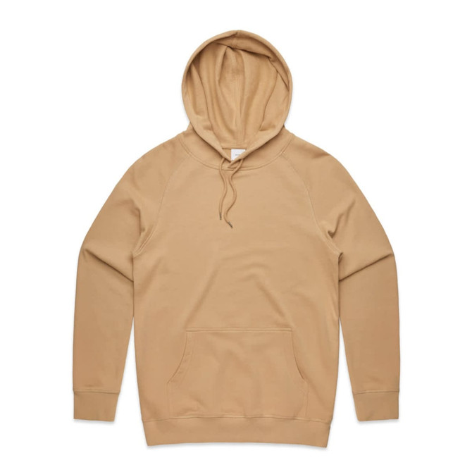 A beige premium hoodie with a hood and front pouch pocket, featuring a logo on one side.
