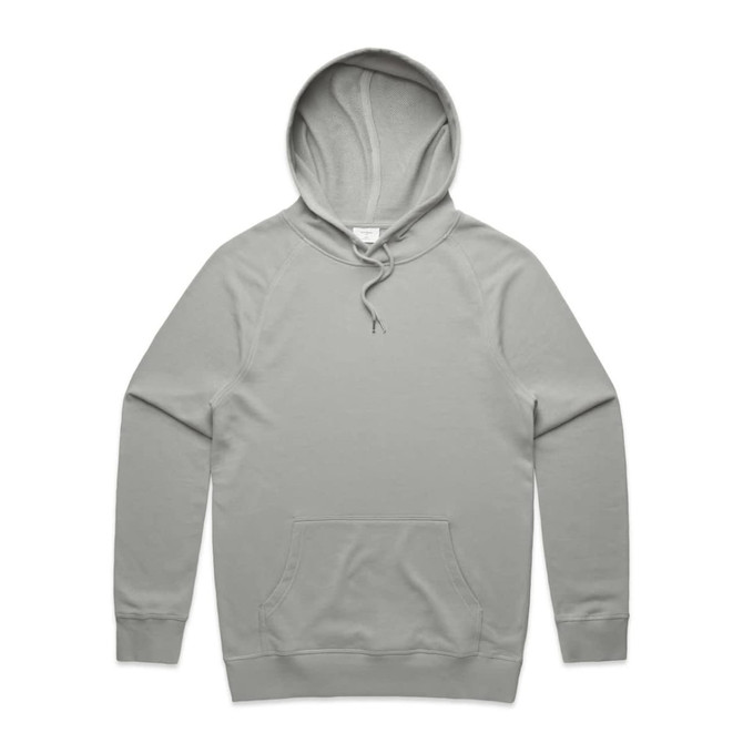 A light grey hoodie with a hood and a front pocket, featuring a logo on the chest.