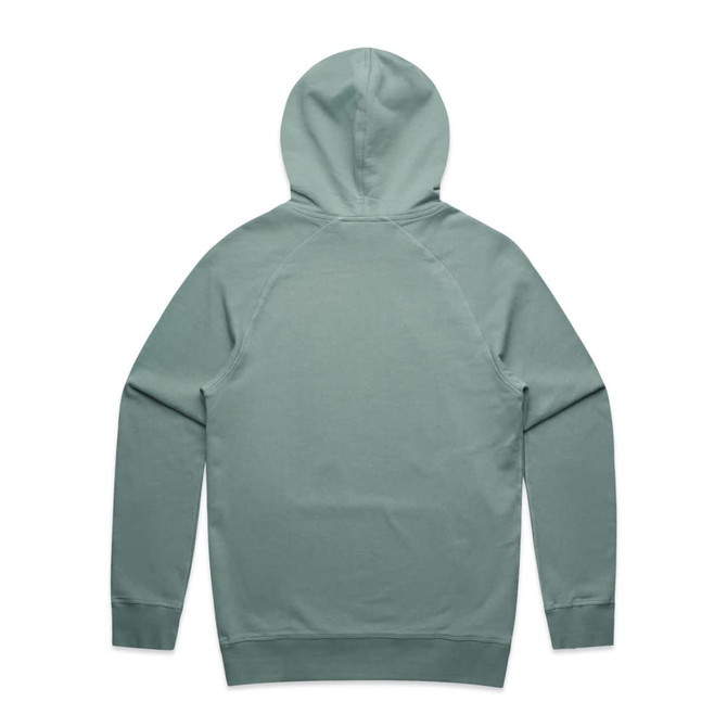 A green premium hoodie with a hood and raglan sleeves, featuring a logo on the back.