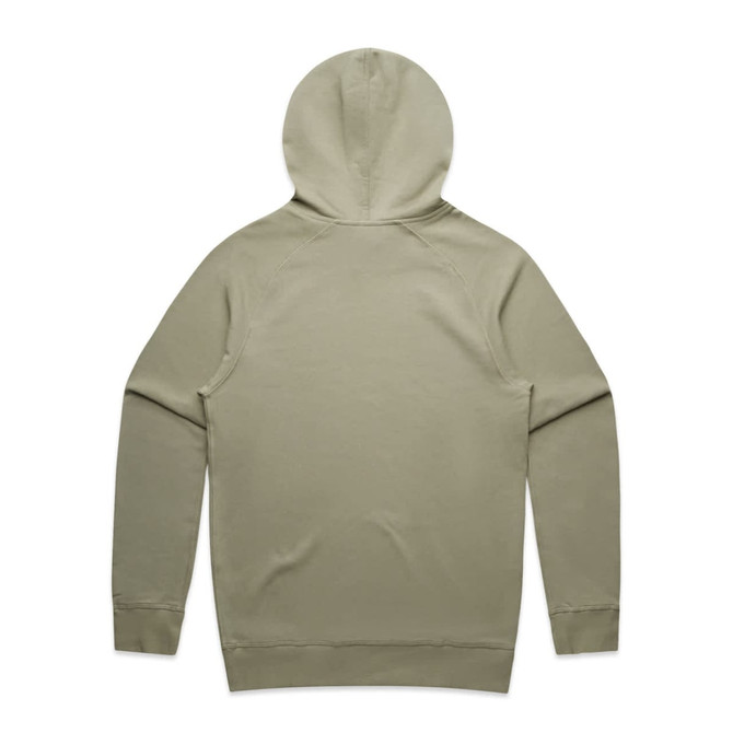 A premium hooded jumper in olive green, featuring a simple design and a logo. The back view showcases its classic cut.
