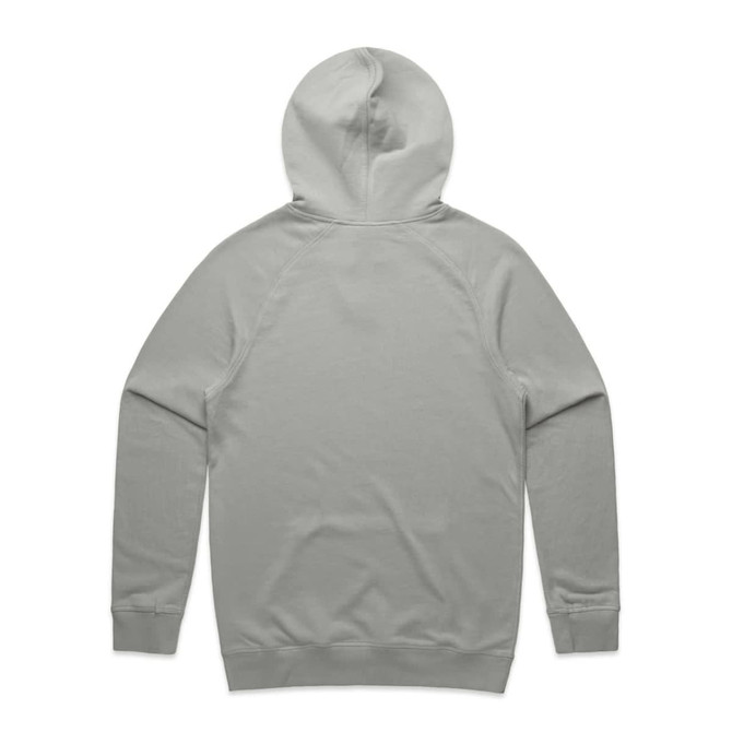A light grey hoodie with a back view, featuring a hood and long sleeves. It has a logo on the back.