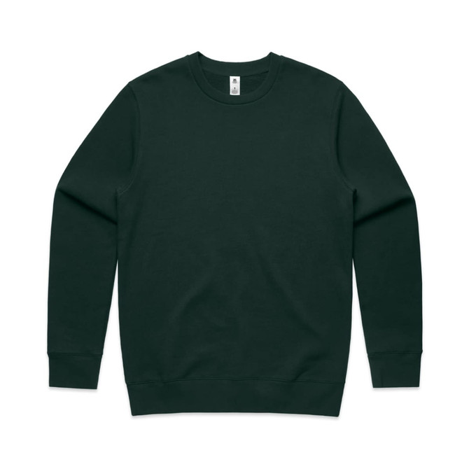A dark green crew jumper featuring a simple design and long sleeves, with a branding logo on the neckline.