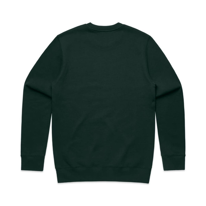 A dark green sweater with a plain back and fitted cuffs. It features a logo on the interior.