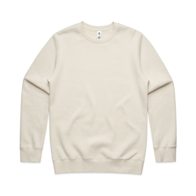 A cream-coloured jumper with a classic crew neck and long sleeves. It features a subtle logo on the label.