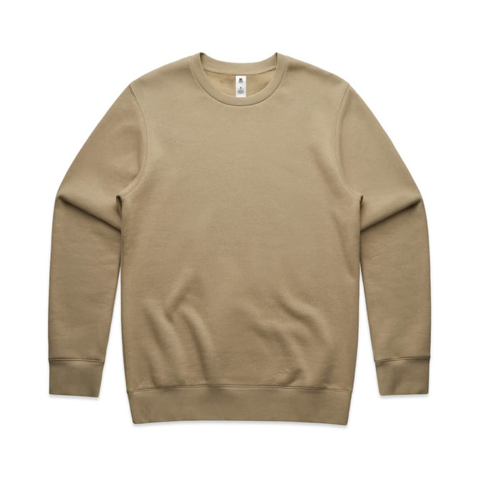 A khaki jumper with long sleeves and a round neckline, featuring a logo on the inside label.