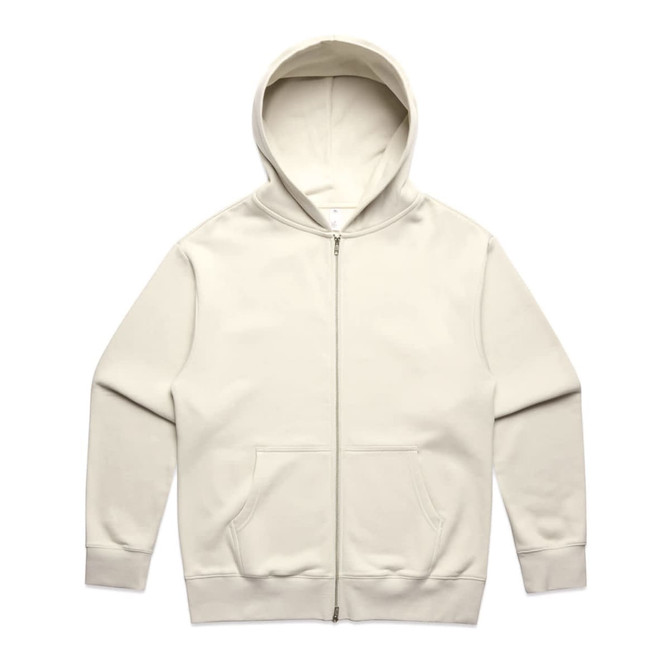 A cream-coloured zip-up hoodie with a hood and front pockets, featuring a logo.