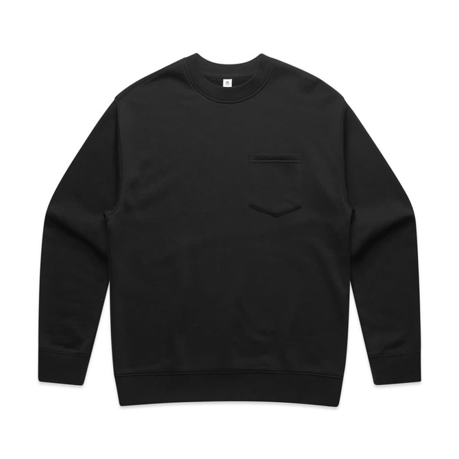 A black crew jumper featuring a chest pocket and a subtle logo. Suitable for casual wear.