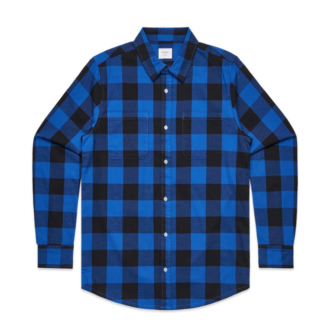 A blue and black check shirt with button-up front and two chest pockets, featuring a logo on the label.