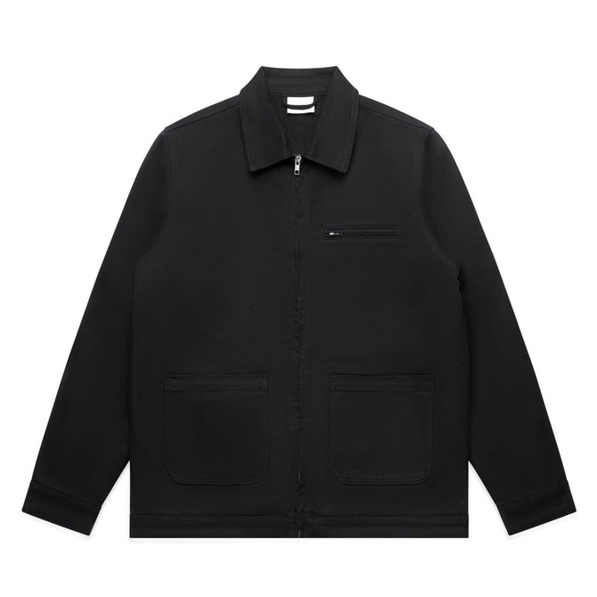 A black heavy canvas jacket featuring a zippered front and two large pockets, with a logo on the chest area.