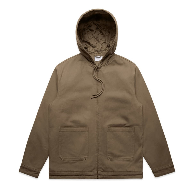 A heavy hooded jacket in khaki, featuring a hood and two front pockets, with a quilted lining inside.