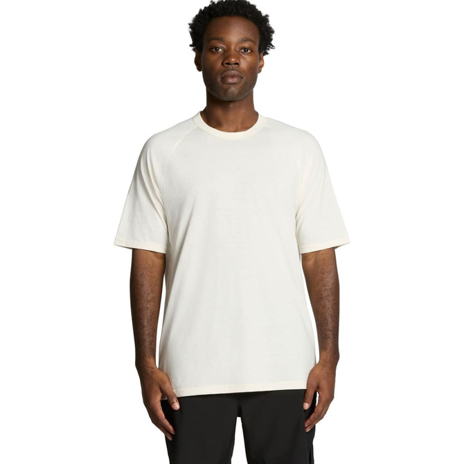 A light cream T-shirt featuring a relaxed fit and short sleeves, with a logo on the front.