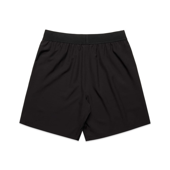 Black sports shorts with an elastic waistband and a simple design, featuring a logo.