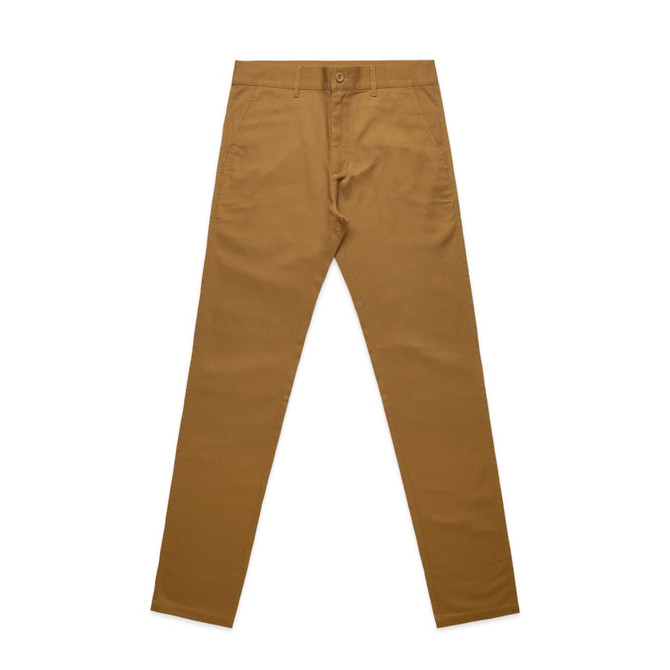 A pair of tan standard pants displayed flat. The pants feature a button closure and pockets, with a logo present.