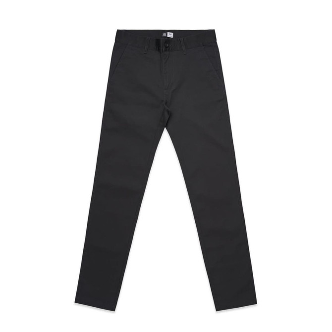 Black slacks with a straight fit and a waistband featuring a logo.