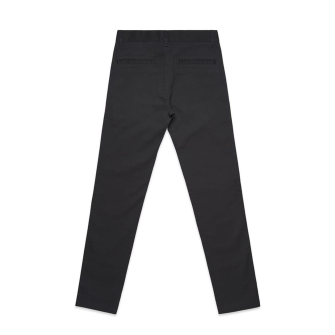 A pair of black slacks with a fitted design, featuring back pockets and no visible branding.