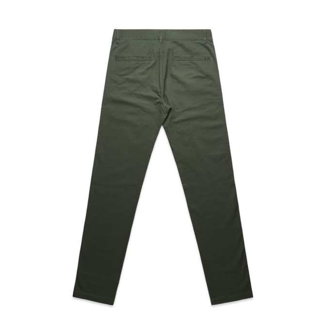 A pair of green slacks featuring a straight leg design and back pockets. Includes a brand logo.