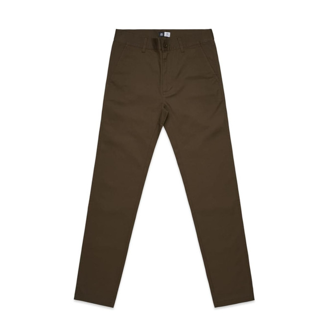Olive green standard pants with a slim fit, featuring a logo branding on the waistband.
