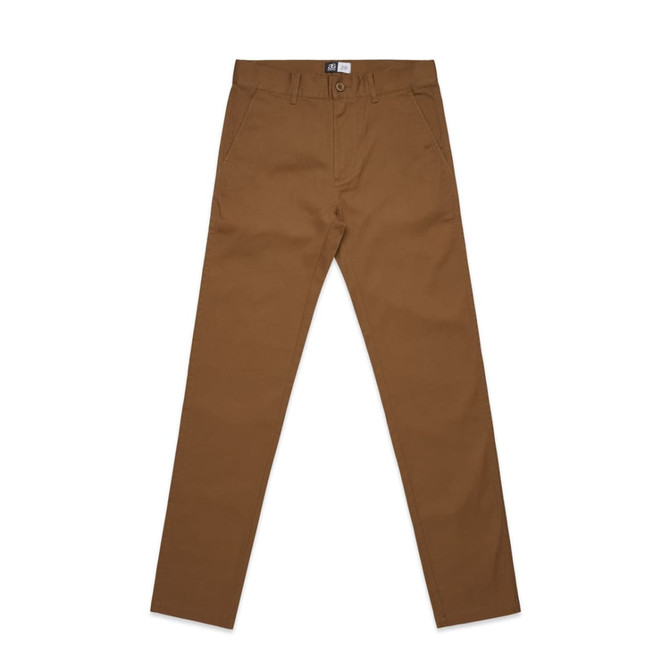 Brown standard pants with a straight leg design, featuring a waistband and pockets. The image includes a logo.