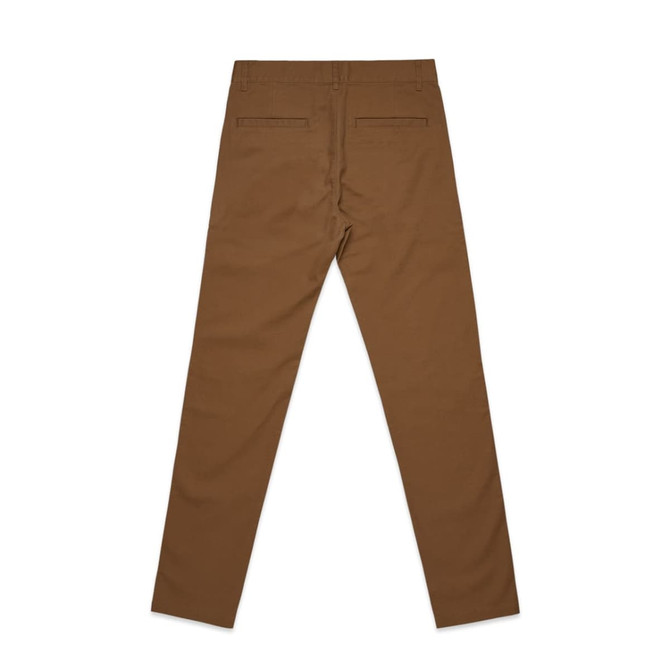 Brown slacks with a straight leg design, featuring back pockets and a simple logo.