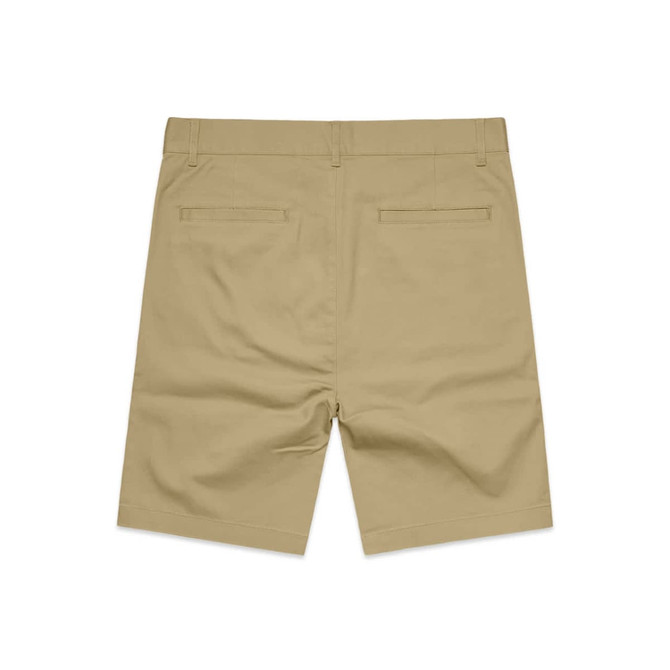 Plain khaki shorts with a classic cut, featuring two back pockets and no visible branding.