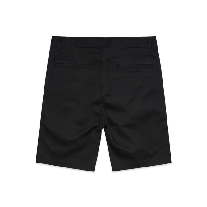 Black dress shorts featuring two back pockets and a logo. The fabric has a smooth finish.