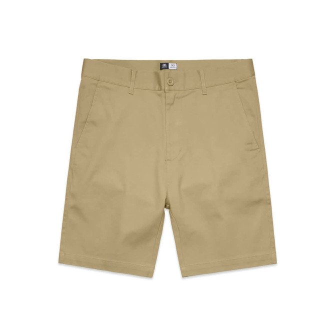 Beige dress shorts with a flat front, two side pockets, and a logo label at the waistband.